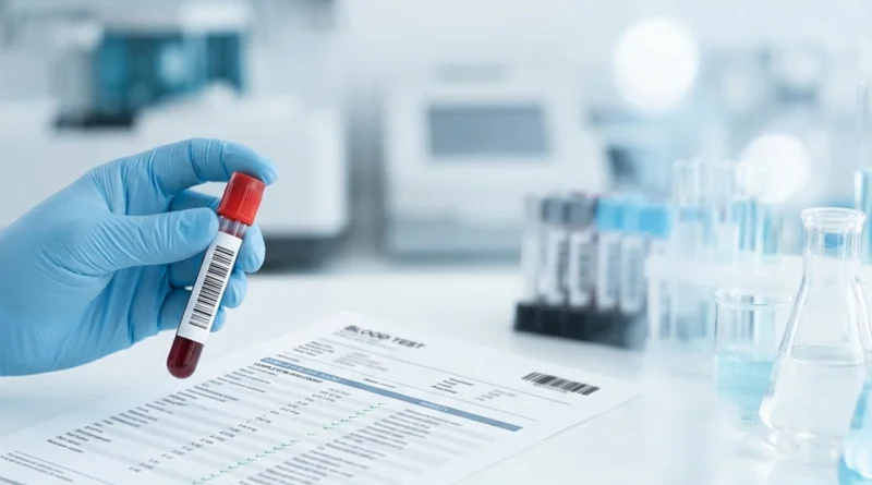Provetta per le analisi del sangue accanto al referto di una gamma GT alta in un laboratorio ospedaliero