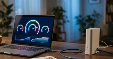 Portatile collegato via cavo ethernet al modem che esegue il test Misura Internet di AGCOM per certificare la velocità