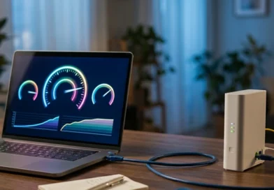 Portatile collegato via cavo ethernet al modem che esegue il test Misura Internet di AGCOM per certificare la velocità