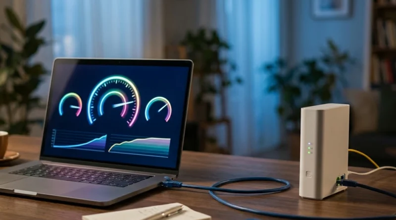 Portatile collegato via cavo ethernet al modem che esegue il test Misura Internet di AGCOM per certificare la velocità