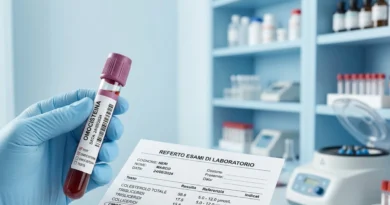 Provetta di sangue per l'esame dell'omocisteina alta accanto a un referto di laboratorio con i valori di riferimento