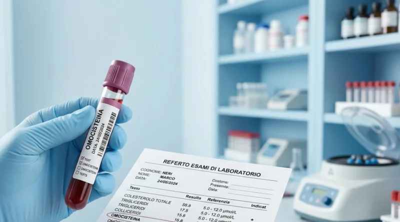 Provetta di sangue per l'esame dell'omocisteina alta accanto a un referto di laboratorio con i valori di riferimento