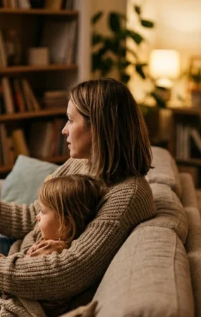 Genitore e bambino impostano il parental control Netflix sul profilo bambini da tablet in salotto