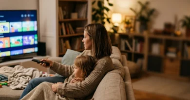 Genitore e bambino impostano il parental control Netflix sul profilo bambini da tablet in salotto