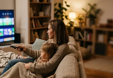 Genitore e bambino impostano il parental control Netflix sul profilo bambini da tablet in salotto