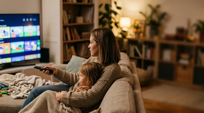 Genitore e bambino impostano il parental control Netflix sul profilo bambini da tablet in salotto