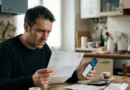Uomo in cucina legge la lettera della banca sul pignoramento conto corrente e controlla il saldo sullo smartphone
