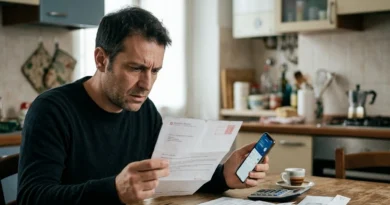 Uomo in cucina legge la lettera della banca sul pignoramento conto corrente e controlla il saldo sullo smartphone