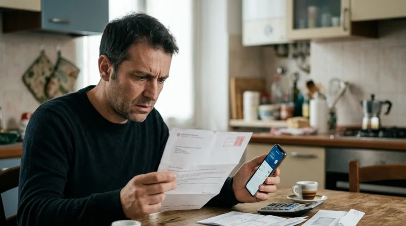 Uomo in cucina legge la lettera della banca sul pignoramento conto corrente e controlla il saldo sullo smartphone