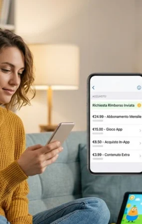 Una mano tiene uno smartphone con la schermata per richiedere un rimborso App Store accanto all'icona di Google Play