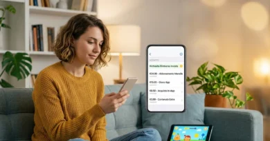 Una mano tiene uno smartphone con la schermata per richiedere un rimborso App Store accanto all'icona di Google Play