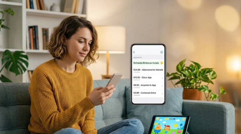 Una mano tiene uno smartphone con la schermata per richiedere un rimborso App Store accanto all'icona di Google Play