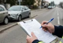 Un conducente mostra come compilare constatazione amichevole di incidente sul modulo CAI blu appoggiato sull'auto