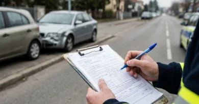 Un conducente mostra come compilare constatazione amichevole di incidente sul modulo CAI blu appoggiato sull'auto