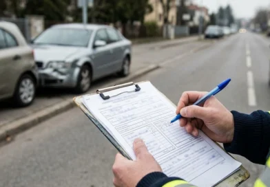Un conducente mostra come compilare constatazione amichevole di incidente sul modulo CAI blu appoggiato sull'auto