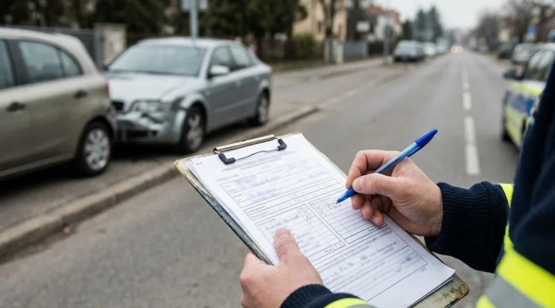 Un conducente mostra come compilare constatazione amichevole di incidente sul modulo CAI blu appoggiato sull'auto